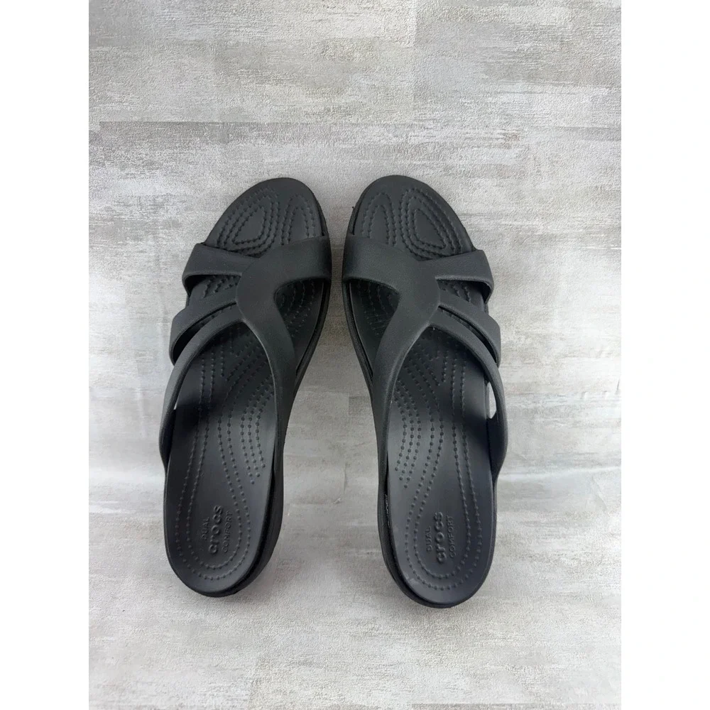 Crocs Meleen Twist Black Strappy Wedge Slide Sandals Women Sz 9 204010